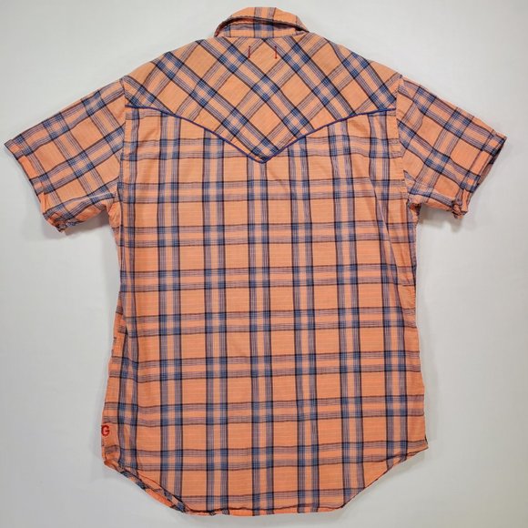 Guess Shirt Mens Medium Light Salmon Plaid Unique Wood Snap Rodeo Cowboy Western - Picture 10 of 15